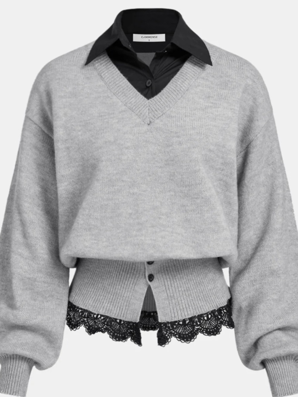 Commense Contrast Collar Lace Hem Sweater
